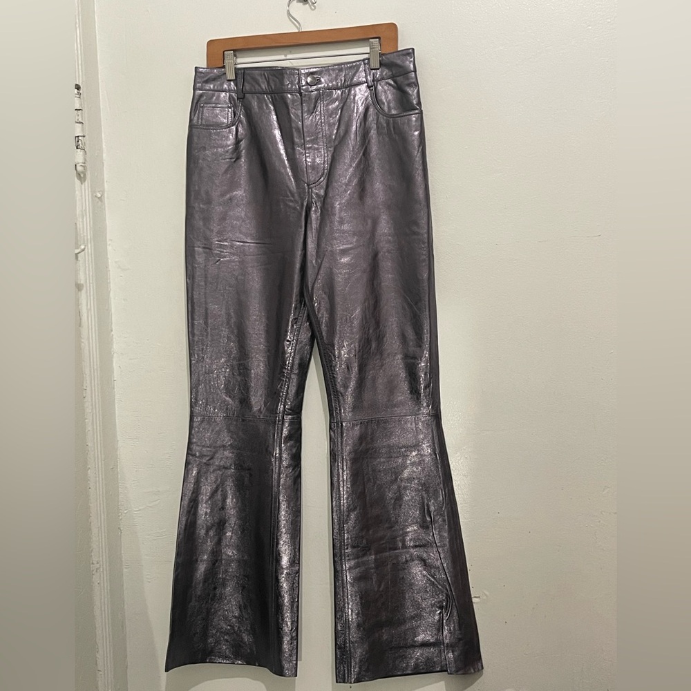 Walter Baker Dimitri Lamb Leather Pants Gunmetal Flared Raw Hem Size 8 NWT